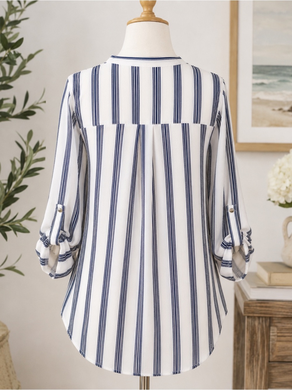 🌊 Always Indigo Coastal Chic Striped Faux Wrap Blouse Size Medium Quiet Luxury - Picture 3 of 11